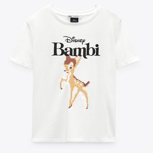 Zara x Disney Classics Bambi Cross Stitch Cotton Crewneck T Shirt Size S - Picture 1 of 7